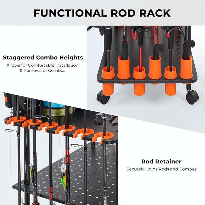 KastKing V12 Gear Trolley, Indoor Fishing Rod Holder for 12 Combos, 3-Tier Fishing Rod Rack With Peg Wall, Patented Built-in Line Spooler, Mobile Tackle Storage Cart With Locking Wheels