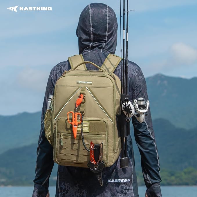 KastKing KarryAll KastMate Fishing Tackle Backpack,Water-Resistant Tackle Bag With 2 Rod Holders,Fishing Gear and Equipment With Large Gear Storage,Khaki