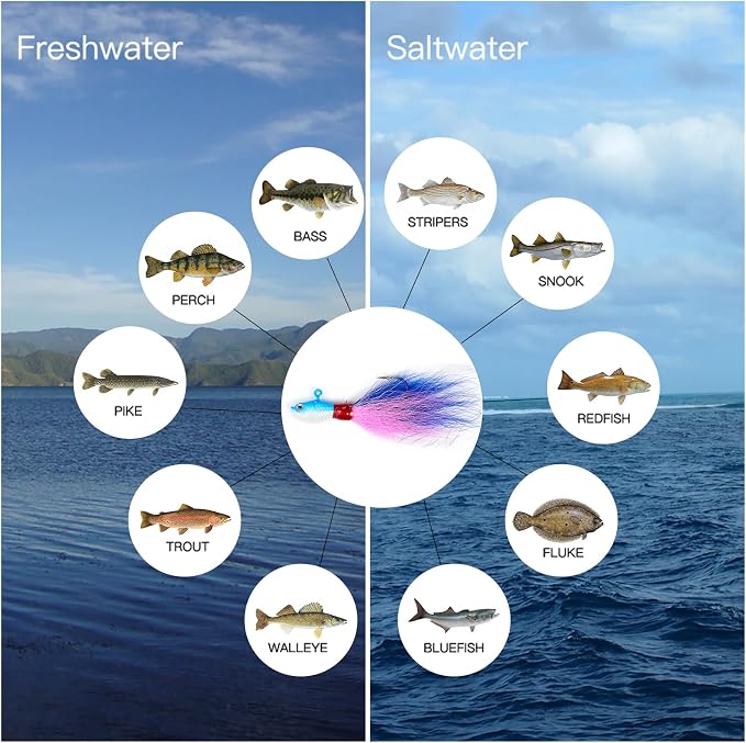 Dr.Fish 3 Pack Bucktail Jig Lure Hair Jig Saltwater Freshwater Lures Surf Fishing Bass Flounder Striper Bluefish Halibut Redfish