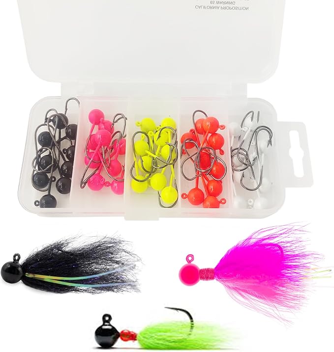 EUPHENG 50pcs Fly Tying Jig Heads Kit - Jig Hooks for Fly Fishing - DIY Lure Making Kit - Black, White, Orange, Pink, Chartreuse - Sizes #12, #8, #6, #4, #2
