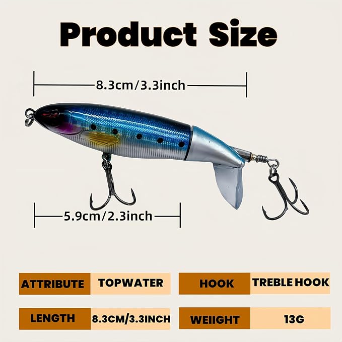 Bestac Topwater Fishing Lures Set Popper Lures for Bass Catfish Pike Perch Bass Lures with Floating Rotating Tail Artificial Hard Bait Multiple Colors