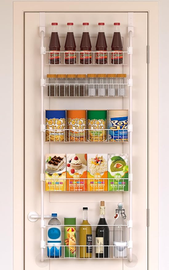 White Over the Door Pantry Organizer 5 Tier, Adjustable Basket Pantry Door Organizer and Storage, Heavy Duty Metal Kitchen Hanging Spice Rack (D5xW19xH50 Inches)
