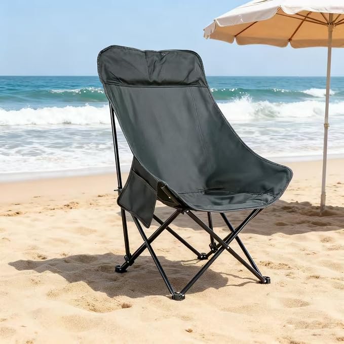 Portable Lightweight Compact Camping Foldable Chair with Carry Bag for Hiking Fishing Beach (High Back Khaki)