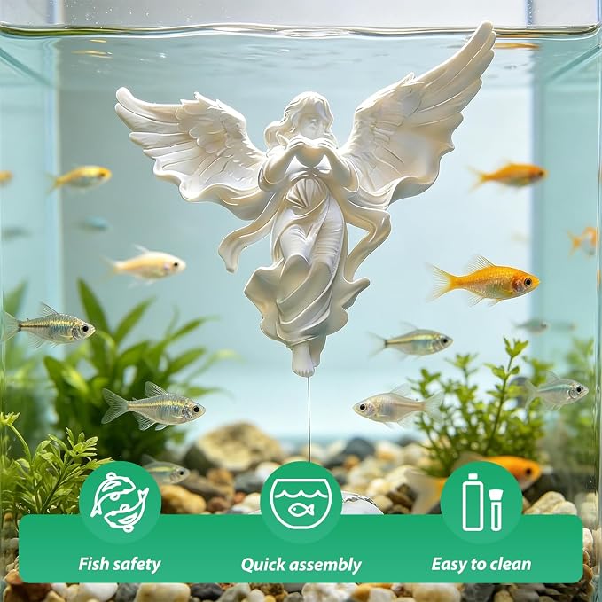 Floating Fish Tank Decorations,Aquarium Angel Decor - White Angel Ornament with Simulated Stone Weight,Betta Fish Tank Decorations,Cool Aquarium Decor for Beginner Fish Tanks