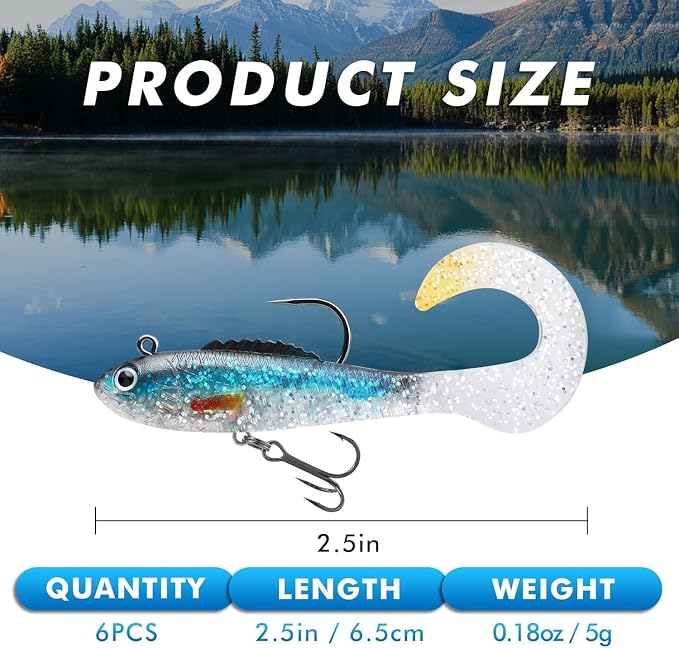 GOTOUR Pre-Rigged Soft Fishing Lures with Weedless Hook, Lifelike Paddle Tail Swimbaits for Bass Fishing, Freshwater & Saltwater Fishing Bait, Fishing Tackle for Bass, Pike, Trout, and Walleye