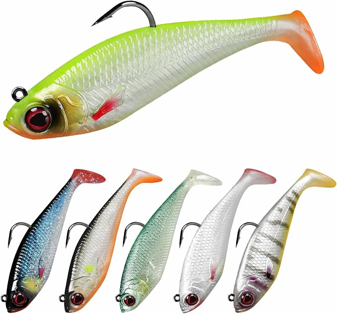TRUSCEND Duramax Pre-Rigged Fishing Lures with BKK Jig Hooks, 10X Tear-Resistant TPE Soft Swimbaits for Bass Striper Trout Crappie Walleye Grouper, Lifelike Fishing Baits for Saltwater and Freshwater