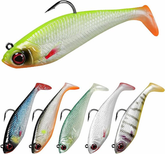 TRUSCEND Duramax Pre-Rigged Fishing Lures with BKK Jig Hooks, 10X Tear-Resistant TPE Soft Swimbaits for Bass Striper Trout Crappie Walleye Grouper, Lifelike Fishing Baits for Saltwater and Freshwater