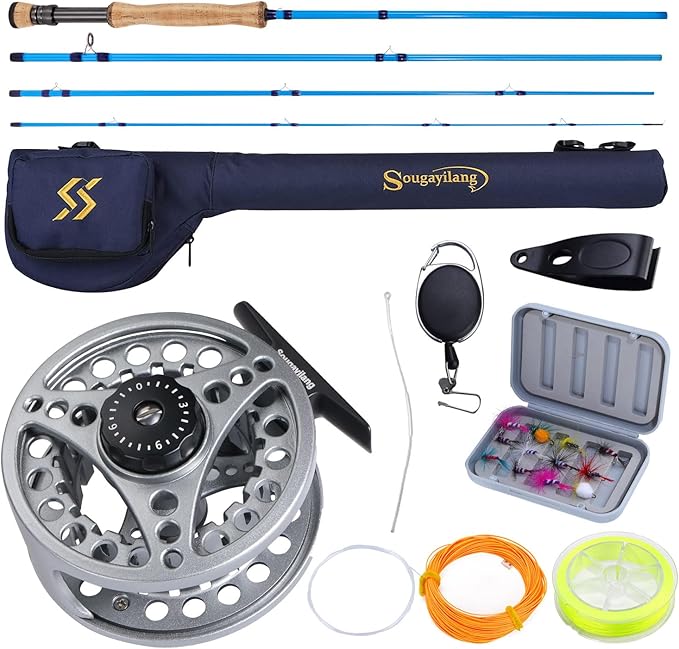 Sougayilang Fly Fishing Combo, 4 Piece Fly Rod and CNC Machined Aluminum Alloy Reel Complete Starter Package with Rod Bag