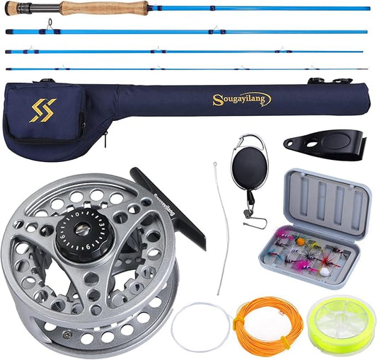 Sougayilang Fly Fishing Combo, 4 Piece Fly Rod and CNC Machined Aluminum Alloy Reel Complete Starter Package with Rod Bag