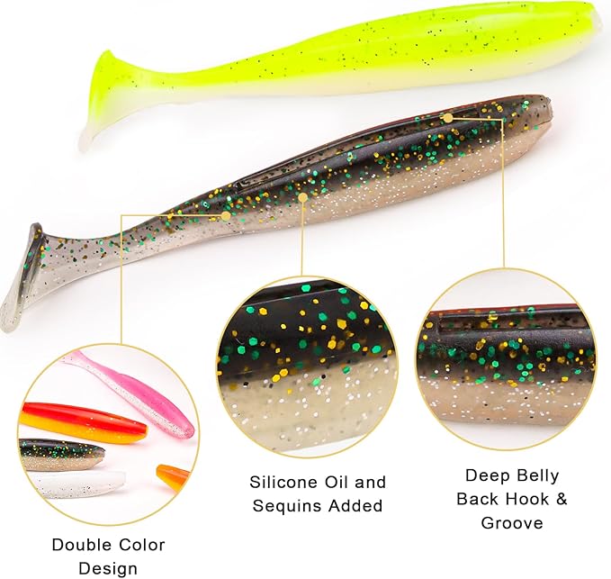 30pcs Soft Plastic Fishing Lures Paddle Tail Swimbaits Soft Baits Lure for Bass Crappie Trout Shad Freshwater Saltwater Fishing Mixed 3.5 Inch 4.7 Inch Swim Bait Kit with Box
