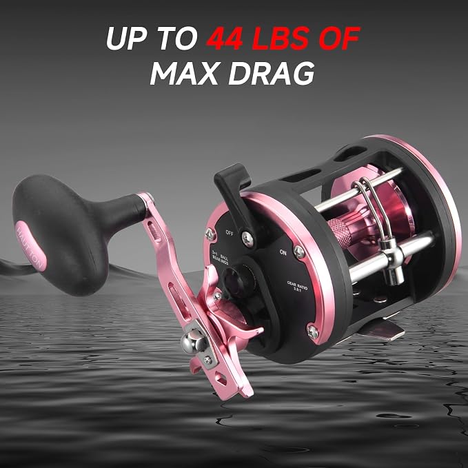 HAUT TON Vortex Baitcasting Fishing Reels, Saltwater Inshore Surf Trolling Reel, Round Baitcaster Reel Up to 44LBS Powerful Max Drag, Conventional Reel for Catfish, Musky, Salmon