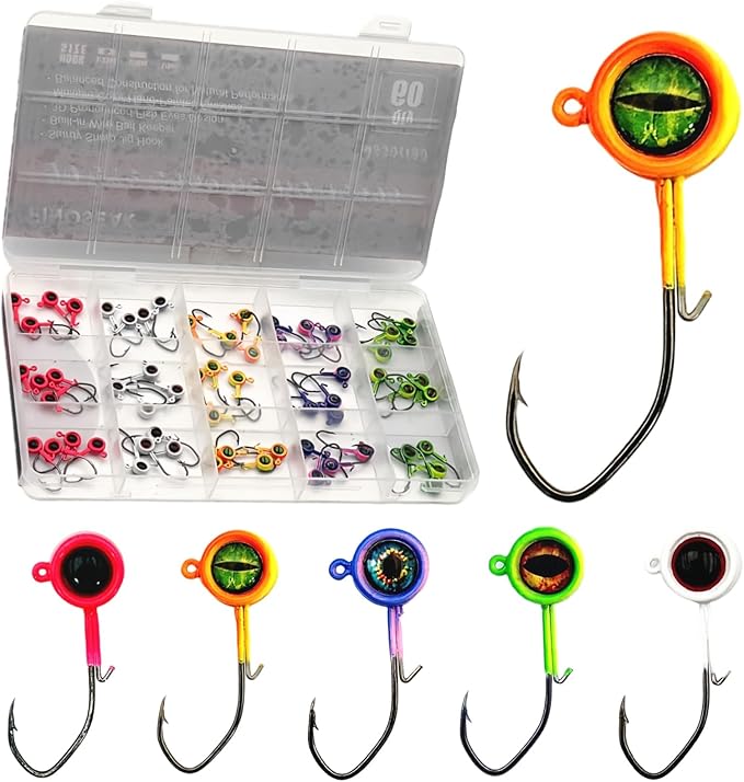 60Pcs Big Eye Crappie Jig Heads Kit, Bright Color Panfish Fishing Jig Heads Hook with Wired Bait Keeper Swimbait Jighead for Crappie Walleye 3 Sizes 1/32oz 1/16oz 1/8oz