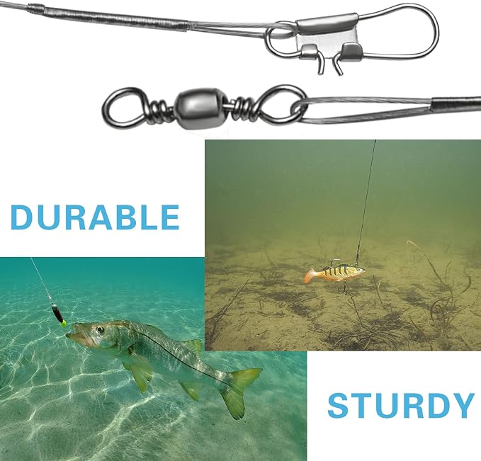 Benykyo Fishing Leader 40 lb High Strength Fishing Leaders with Swivels and Snaps，Steel Fishing Leaders Freshwater & Saltwater，Silver 60Pcs