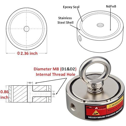 MUTUACTOR Double-Sided Fishing Magnet Kit,Combined 700lbs Fishing Magnets Heavy Duty,Dia.2.36''Permanent Neodymium Rare Earth Magnet with 65Ft Salvage Rope Sturdy Gloves Bag for Recovery Treasures