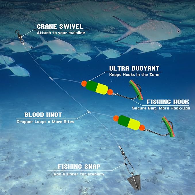 Pompano Rig Saltwater Surf Fishing Rigs – Double Drop Leader Rigs with Hooks, Floats, Beads & Snap – Easy Pre-Tied Terminal Tackle for Pompano, Whiting, Redfish