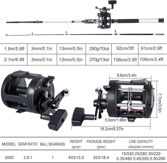 Sougayilang Conventional Reel and Fishing Rod Combo – Medium Heavy Fiberglass Rod, Heavy Duty Catfish Trolling Reel Combo for Catfish Salmon and Steelhead 6/7ft