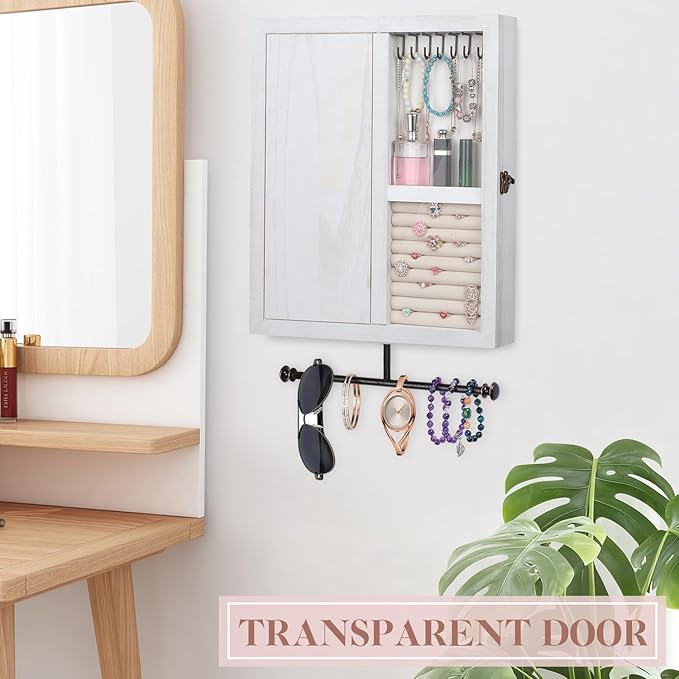 Keebofly Wall Mounted Jewelry Organizer With Rustic Wood Large Space Jewelry Cabinet, Holder, Storage Box for Necklaces, Earrings, Bracelets, Ring Holder, and Accessories White