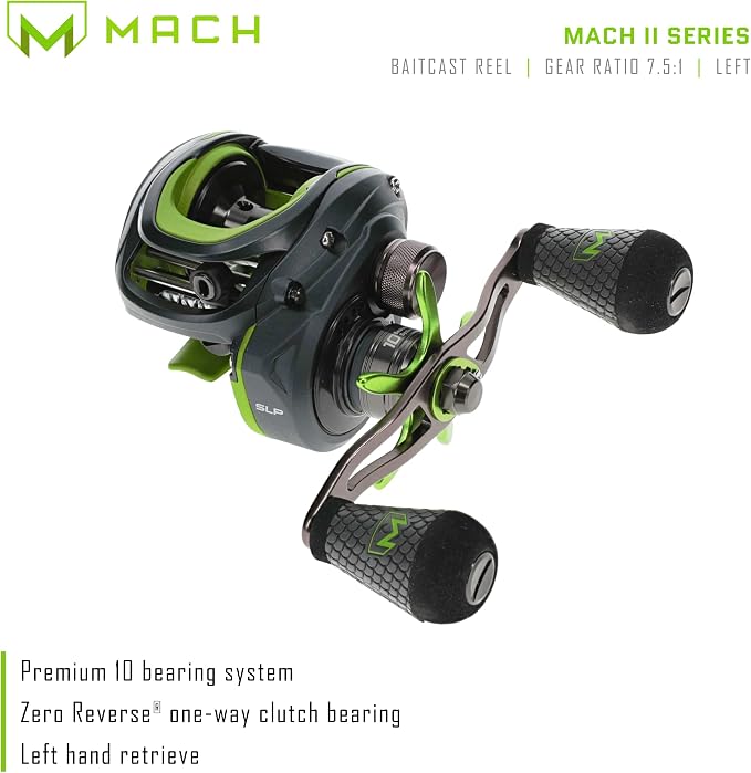 Lew's Mach 2 Baitcast Reel, 9+1 Stainless Steel Ball Bearings, 7.5:1 Gear Ratio, Left-Hand Retrieve, Black/Green