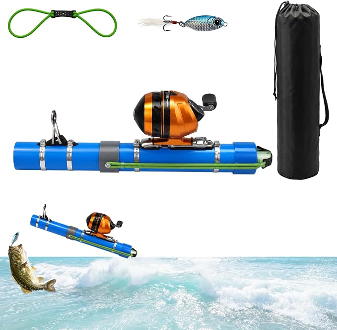 Fishing Catapult Rod, Portable Catapult Fishing Pole with Reel & Metal Lure, Complete Casting Kit with 2 Latex Tubes & Carry Bag for Saltwater and Freshwater Fishing Gear