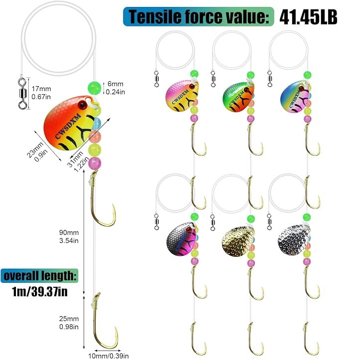 Walleye Rigs Kit, 41.5LB Spinner Rig Crawler Harness with Large Colorado Blades, 7PCS Pre-Rigged for Walleye & Perch Fishing, Worm Rig