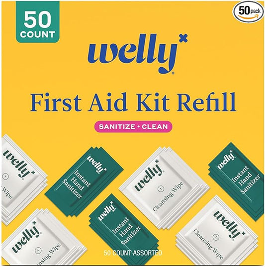 Welly First Aid Kit Refill Clean Carton | Individually Wrapped Hand Sanitizer and Cleansing Wipes | 50ct