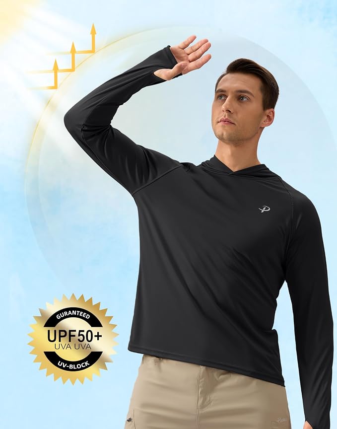 Pudolla Men's Sun Protection Hoodie Shirts UPF 50+ Rash Guard SPF Long Sleeve Fishing Shirt for Men Swim Hiking Boating