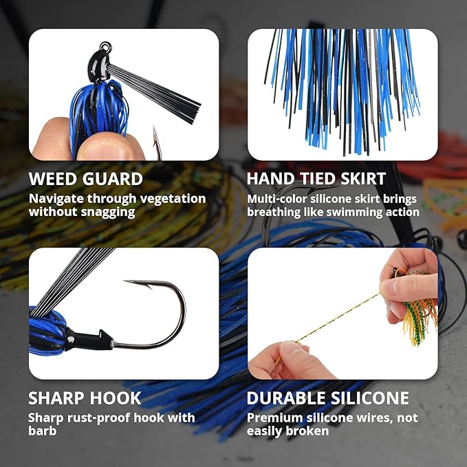 Fishing Jig with Weed Guard 3/8 oz Silicone Skirt Fishing Lures for Bass Perch Multi-Color Pack of 6