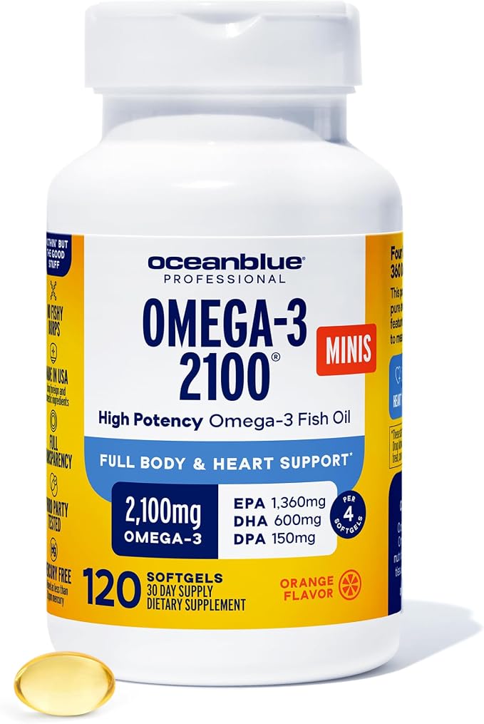 Oceanblue Professional Omega-3 2100 Mini Softgels - Triple Strength DPA EPA DHA Omega 3 Supplement - Easy to Swallow Burpless Wild Caught Fish Oil - Orange Flavor, 120 Softgels