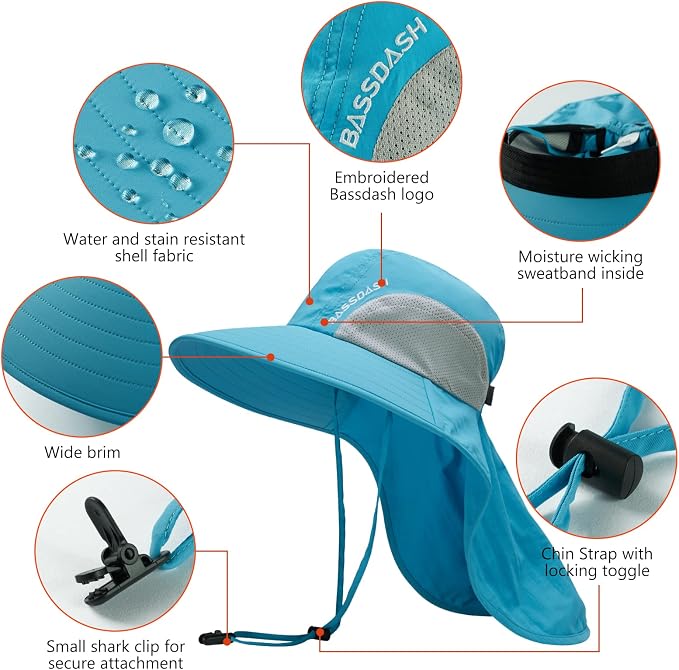 BASSDASH UPF 50+ Unisex Water Resistant Wide Brim Sun Hat with Large Neck Flap Ponytail Fishing Hat for Men Women