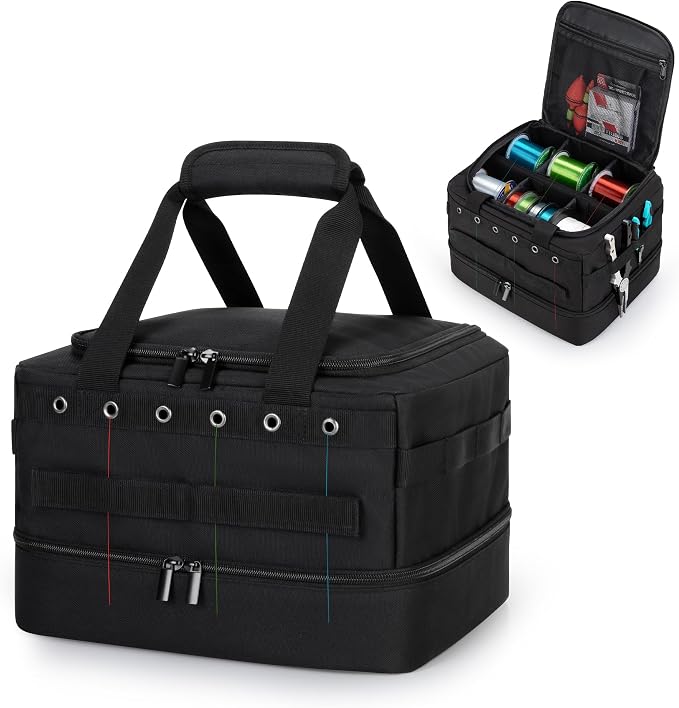 HODRANT Double-layer Fishing Line Storage Bag, Line & Reel Management Case with 5 Removable Dividers & 6 Grommets, Tackle Gear Organizer Tangle-Free Leader Spool Dispenser for Travel & Kayak, Bag Only