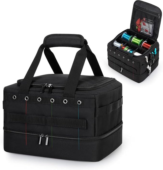 HODRANT Double-layer Fishing Line Storage Bag, Line & Reel Management Case with 5 Removable Dividers & 6 Grommets, Tackle Gear Organizer Tangle-Free Leader Spool Dispenser for Travel & Kayak, Bag Only