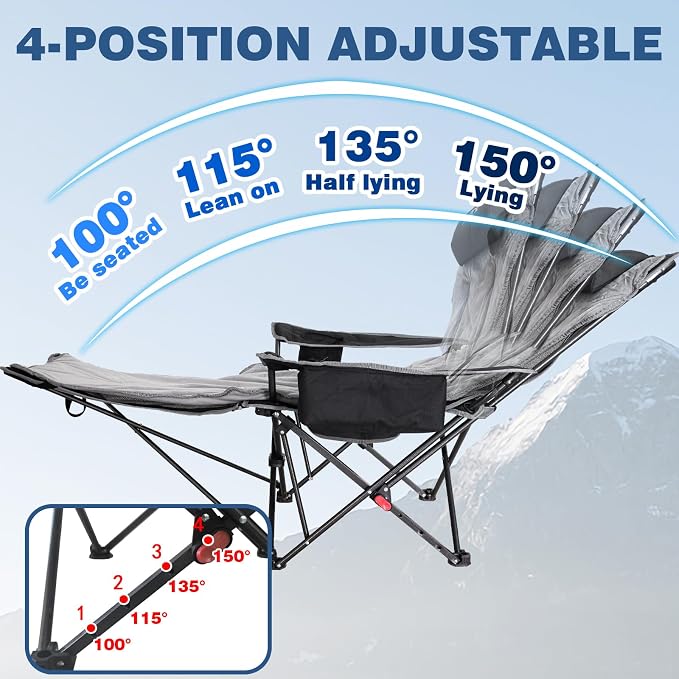 2-Pack Reclining Camping Chair 4 Position with Foot Rest Comfortable for Adults 265Ibs Folding Lounger Mesh Beach Chair with Cooler Bag,Cotton Cushion and Cup Holder for Outdoor Patio