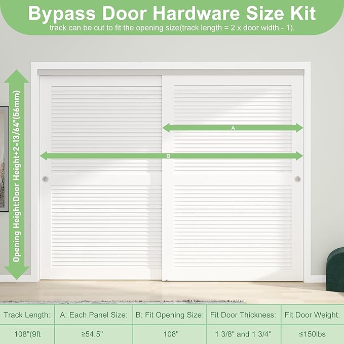 9FT/108(Double 4.5FT) Bypass Door Hardware, Aluminum Double-Closing Sliding Closet Door Hardware with Finger Pull Included, Smoothly and Quietly, Fit Door Thickness 1 3/8" or 1 3/4", Silver