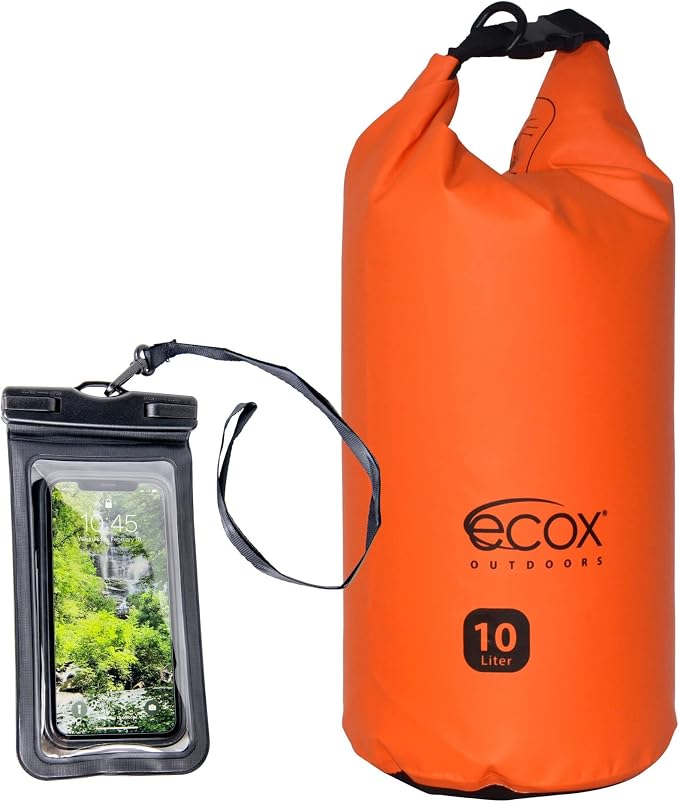 ecox Outdoors Waterproof Dry Bag for Outdoors Activities High Grade 500D PVC Construction Includes Waterproof Phone Case and Side Strap for Easy Carry 10L Orange DB10LOR