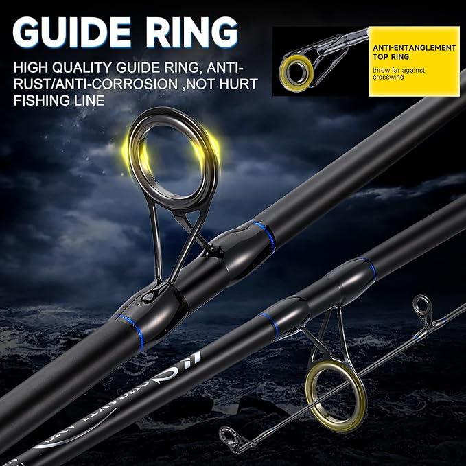 Sougayilang Surf Fishing Combo, 3-Piece Carbon Fiber Travel Rod, 4000 Spinning Reel, 20LB Drag, 5.2:1 Gear Ratio, 12+1 Bearings for Striped Bass, Redfish, Bluefish – Beach & Surf Casting