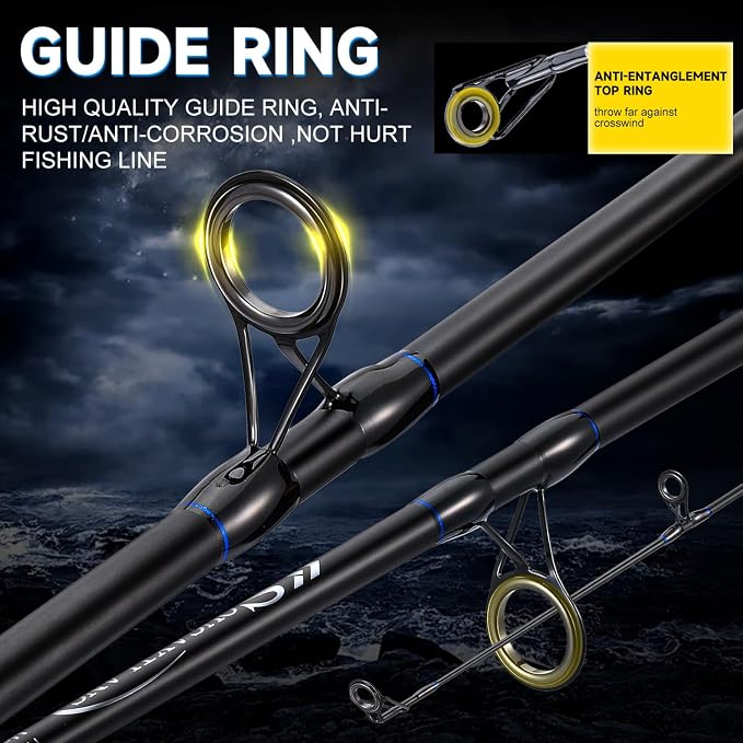 Sougayilang Surf Fishing Combo, 3-Piece Carbon Fiber Travel Rod, 4000 Spinning Reel, 20LB Drag, 5.2:1 Gear Ratio, 12+1 Bearings for Striped Bass, Redfish, Bluefish – Beach & Surf Casting
