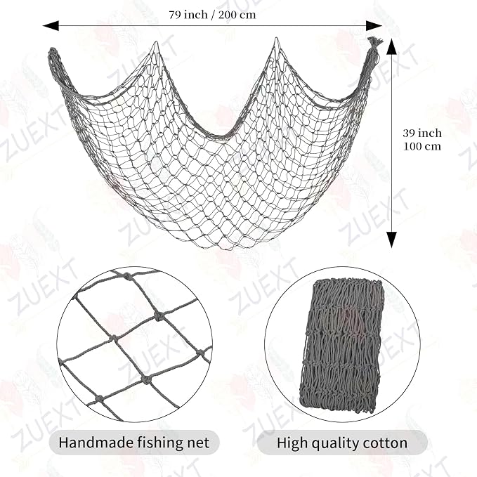 ZUEXT Decorative Fishing Net 80x40 Inch, 2 Pack Large Dark Grey Picture Fish Net, Wall Photo Hanging Fishnet for Nautical Mermaid Pirate Ocean Themed Hawaii Beach Under The Sea Party Decorations