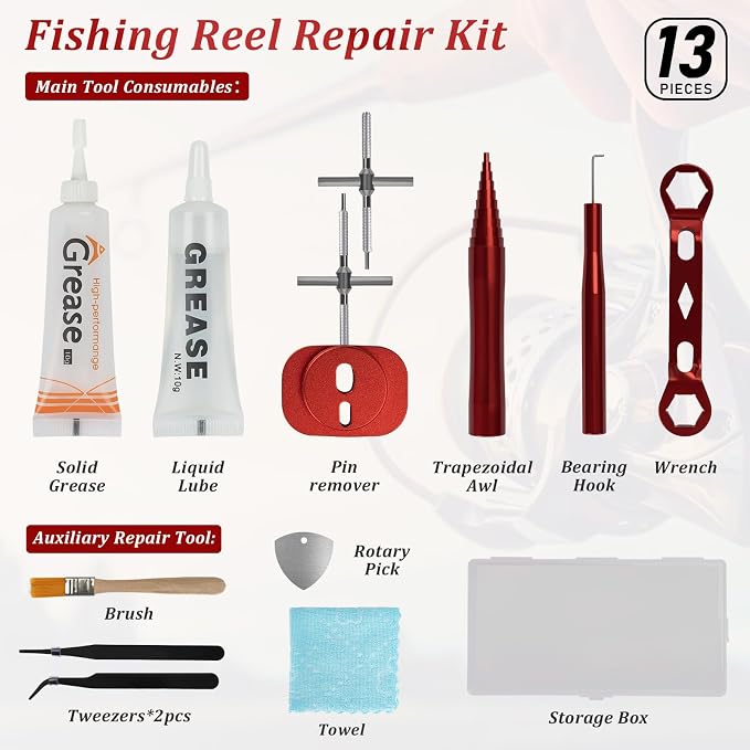 THKFISH Fishing Reel Repair Tool Kit, 13 Pcs Fishing Reel Bearing Tool Kit Remover Reel Bearing Remover Kit for Baitcasting Reel Lightweight DIY Use Tools