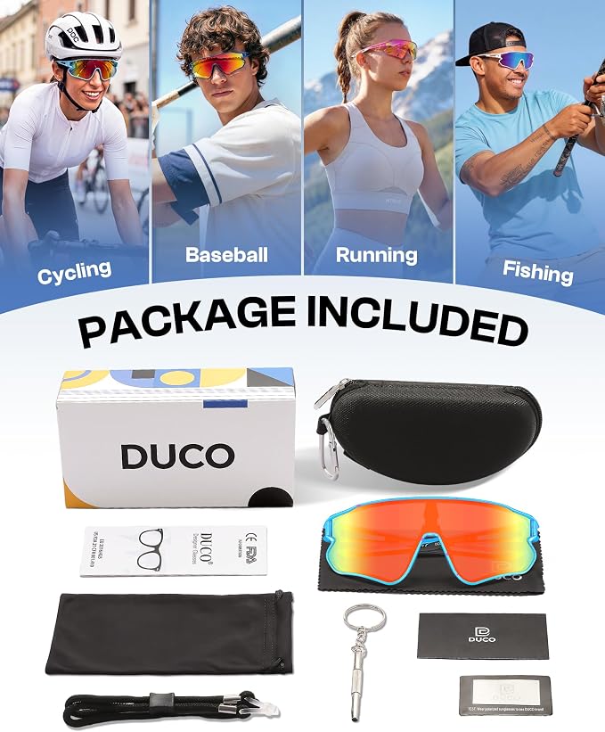DUCO Polarized Sports Sunglasses for Men Women: UV400 Protection 24g Wrap Around Glasses for Baseball Running Hiking DC0023