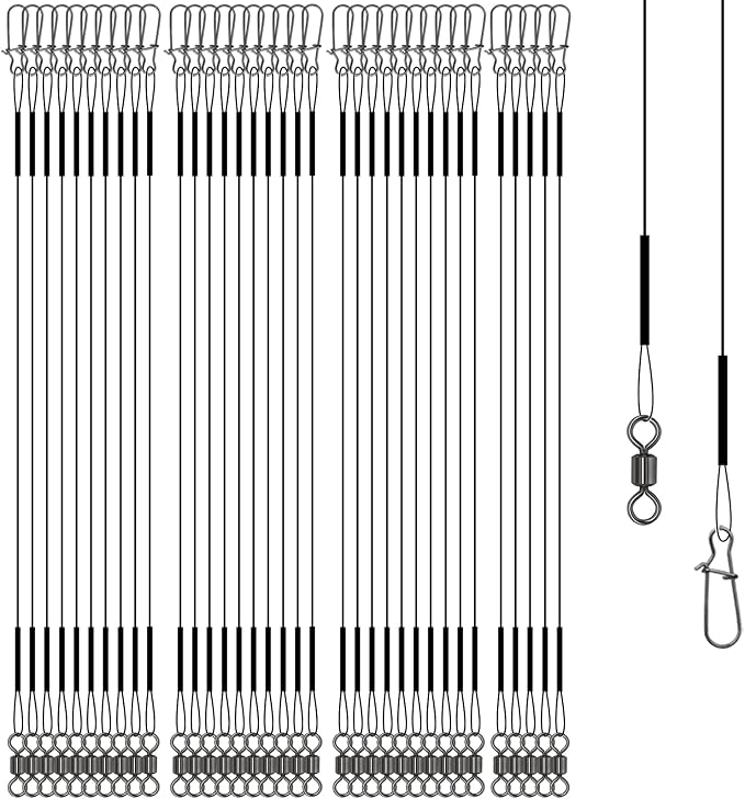 Stainless Steel Fishing Wire Leaders, Black Coated & Uncoated Options, Heavy Strength 31–100LB, 6–21in Multi Sizes with Rolling Swivels Snaps for Salt Fresh Water Shark Pike Barracuda