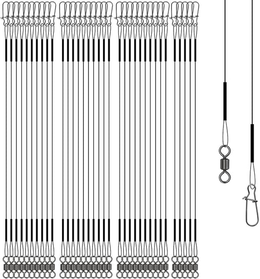 Stainless Steel Fishing Wire Leaders, Black Coated & Uncoated Options, Heavy Strength 31–100LB, 6–21in Multi Sizes with Rolling Swivels Snaps for Salt Fresh Water Shark Pike Barracuda