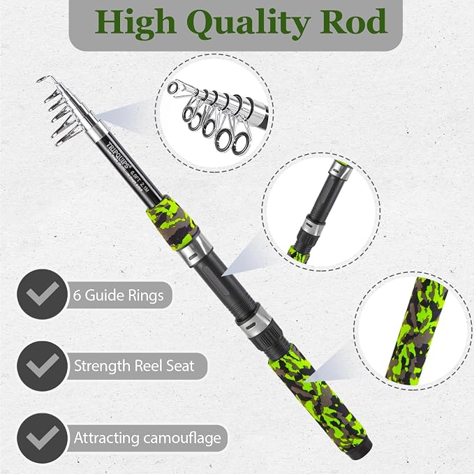 Tripquips Fishing Rod and Reel Combo with Fishing Net, 6.9ft Telescopic Fishing Pole Kit with Fishing Pliers, Lip Gripper, Fishing Lures,Pre-Loaded Spinning Reel Combo