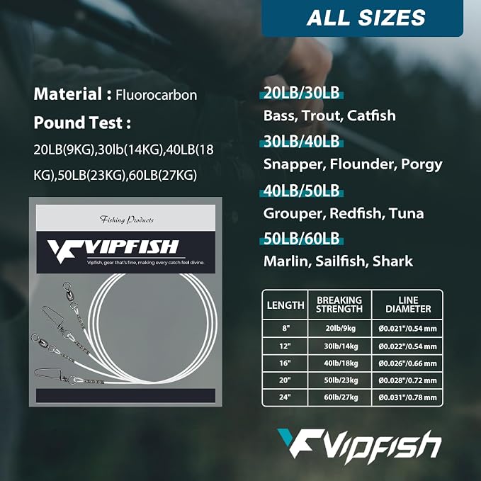 Fishing Fluorocarbon Leader with Crane Swivel and Snaps - Heavy Duty 20-80lb Fluorocarbon Leader Connects Lures, Bait, or Hooks for Saltwater & Freshwater Fishing