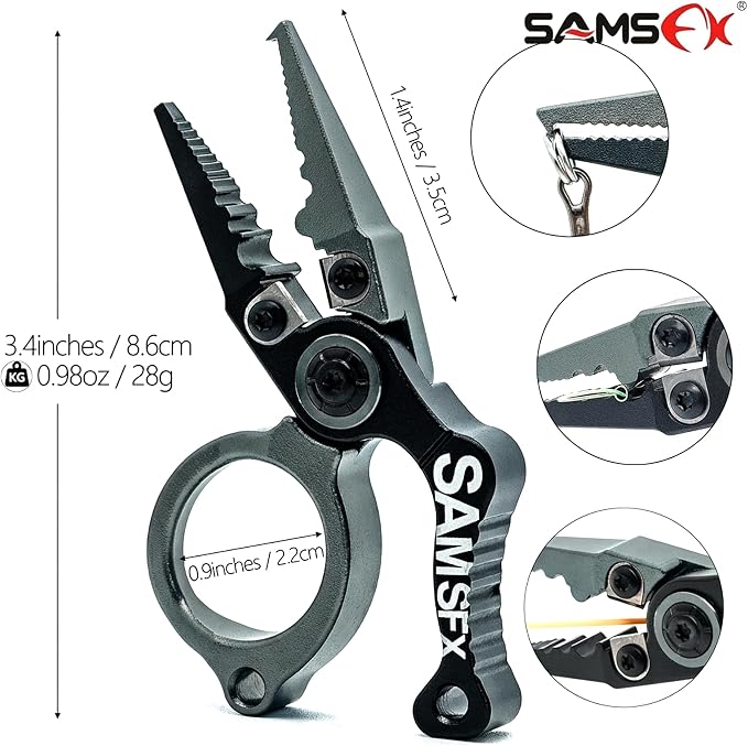 SAMSFX Mini Fishing Pliers with Fly Fishing Zinger Retractor, Fish Hook Remover Tool, Split Ring Pliers for Saltwater & Freshwater, Tungsten Carbide Cutters, Fishing Gear Gift for Anglers