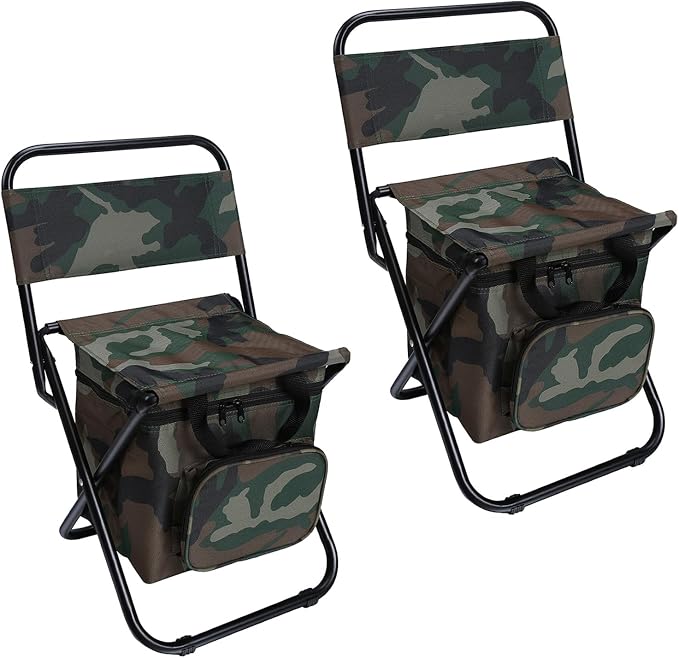 LEADALLWAY Fishing Chair with Cooler Bag Compact Fishing Stool Foldable Small Hunting Chair 12.2" Seat Depth,12.6" Seat Width