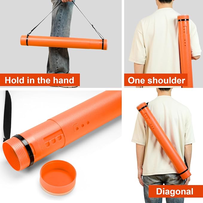 DEWEL Poster Tube, Waterproof Poster Holder Plastic Expandable Poster/Art/Document Storage Tube 24.5" to 40", Adjustable Poster Storage Blueprint Holder with Carrying Strap (Orange-Large Size)