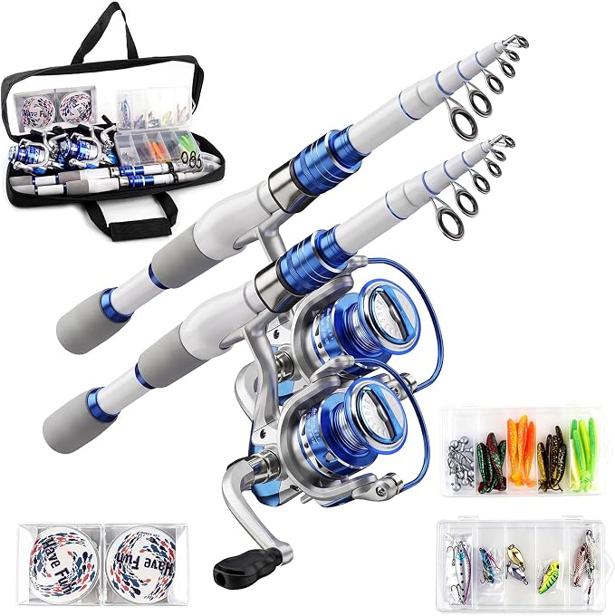 Fishing Rod and Reel Combo,2 Pcs 2.1M Collapsible Fishing Rod Kit with Carrier Bag,Spinning Reels,2 Lines,Lures Baits,Fishing Gifts for Men Women Saltwater Freshwater