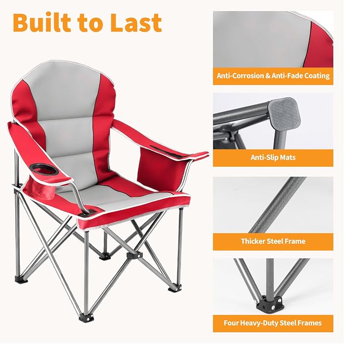 NEWBULIG Oversized Folding Camping Chair for Adults, Portable Outdoor Collapsible Chairs, 500 LBS Heavy Duty Support, with Cup Holders, for Lawn, Fishing, Hiking, Red