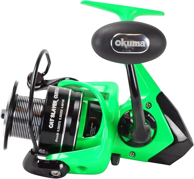 Okuma Cat Slayer Custom Spinning Reel – 6000 Size Catfish Reel with DFD Dual Force Drag, Flite Drive System, UV Reactive Body, Neon Green, CSC-6000NG