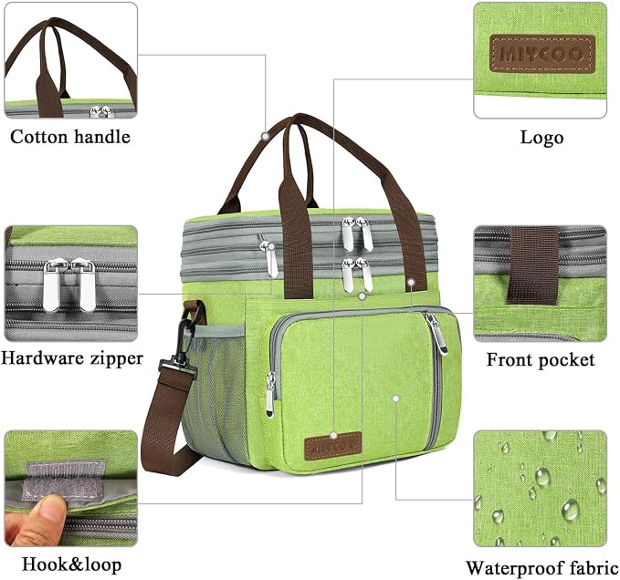 MIYCOO Lunch Bag & Lunch Box for Women Men, Double Deck Leakproof Insulated Soft Large Adult Camping Cooler bag for Work, Beach, Picnic, Travel (Green, 15L)
